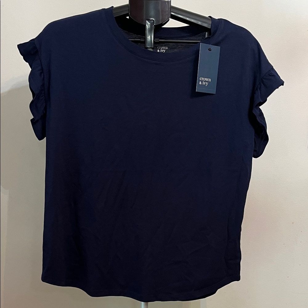 NWT Crown & Ivy Harbor Navy Core Ruffle Tee - Picture 4 of 6